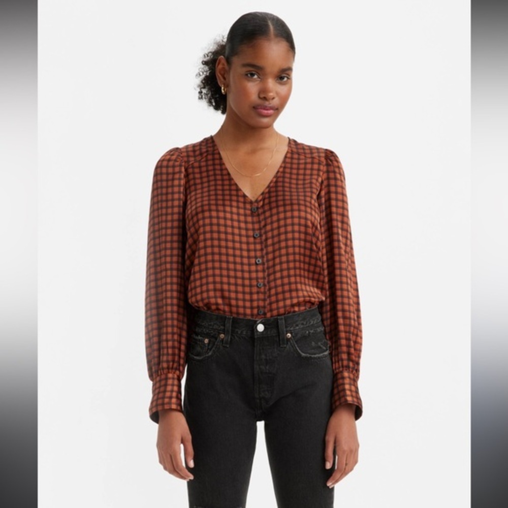 Levi's Brown Checkered V-Neck Blouse